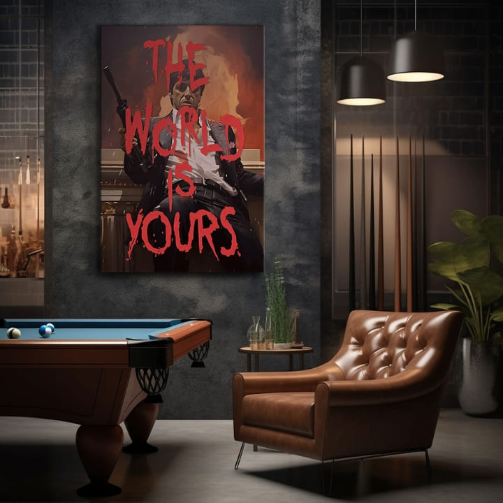 Pop art tablou pe pânză cu motivul The world is yours în alb-portocaliu nuanțe, atmosferă intensă, forță și putere | Scarface tablou pe pânză The world is yours – produs