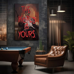 Pop art tablou pe pânză cu motivul The world is yours în alb-portocaliu nuanțe, atmosferă intensă, forță și putere | Scarface tablou pe pânză The world is yours – produs