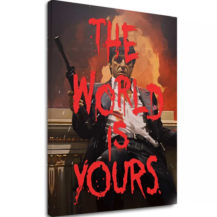 Pop art tablou pe pânză cu motivul The world is yours în alb-portocaliu nuanțe, atmosferă intensă, forță și putere | Scarface tablou pe pânză The world is yours – principală