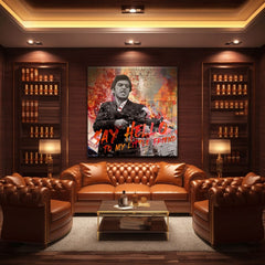 Pop art tablou pe pânză cu motivul Say hello to my little friend, peisaj în portocaliu-roșu nuanțe, lumea filmului | Scarface tablou pe pânză Say hello to my little friend – produs