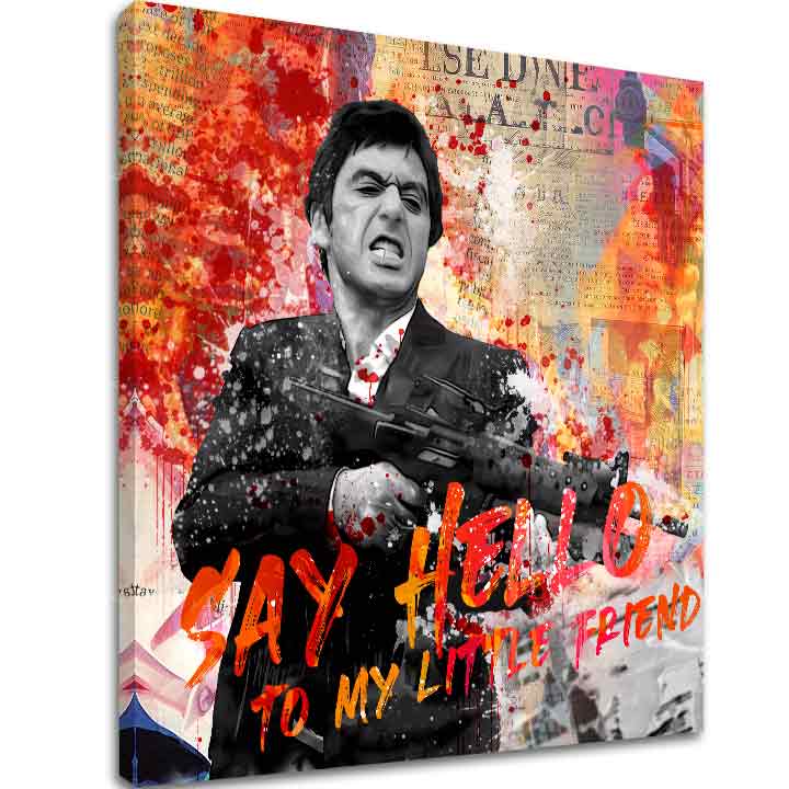 Pop art tablou pe pânză cu motivul Say hello to my little friend, peisaj în portocaliu-roșu nuanțe, lumea filmului | Scarface tablou pe pânză Say hello to my little friend – principală