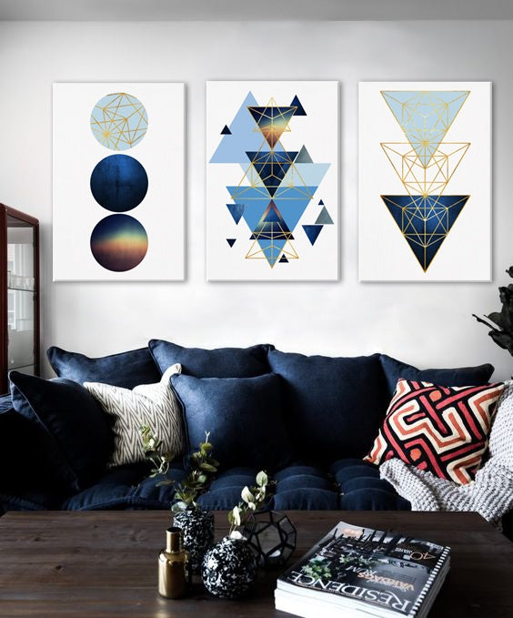 Geometric tablou pe pânză cu motivul The Emotional Significance în alb-albastru nuanțe agățat în interiorul birou, atmosferă liniștită – interior