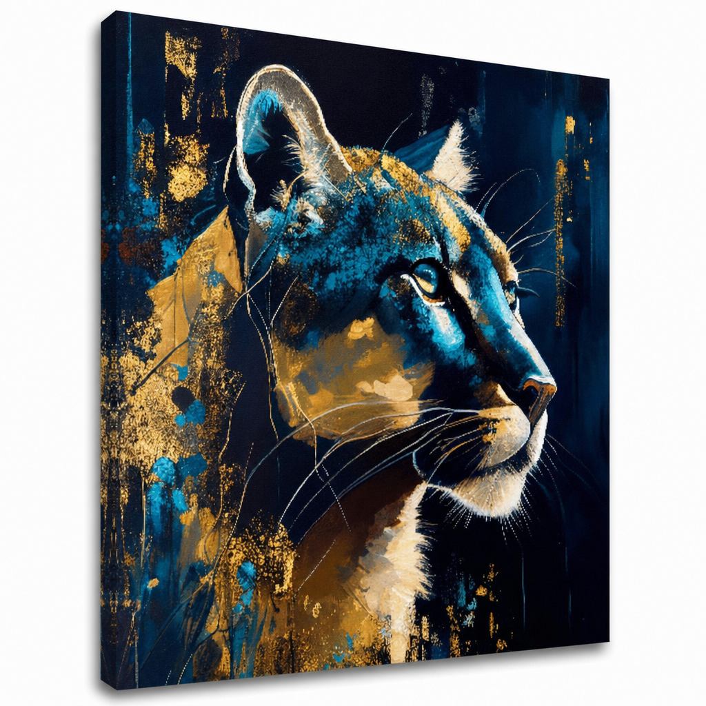 Tablou pe pânză cu privirea tăcută a pumei – pumă albastru-aurie, canvas gallery-wrap din setul Safari Gold.