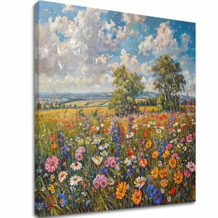 Tablou Luncă de vară, print pigmentar pe pânză de bumbac 340 g/m², finisat manual cu acril, cu ramă gallery-wrap de 2 cm.