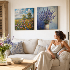 Set de 2 tablouri Papilora Armonie Florală, Luncă de vară și Lavandă, așezate deasupra unei canapele bej într-un living luminos și modern.