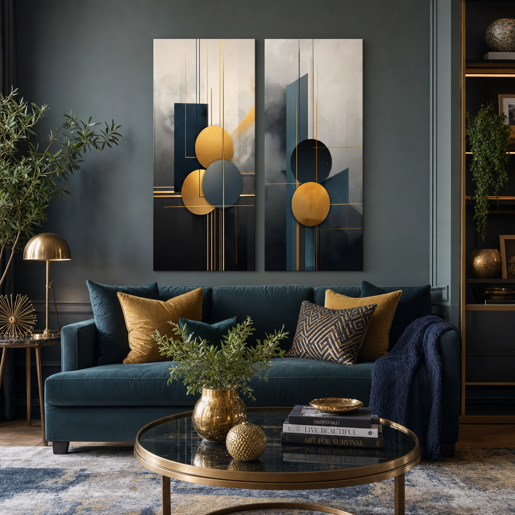 Set de 2 tablouri Art Deco Eleganță Papilora, Lumea în Mișcare și Calea Vieții, deasupra unei canapele moderne în living.
