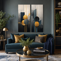 Set de 2 tablouri Art Deco Eleganță Papilora, Lumea în Mișcare și Calea Vieții, deasupra unei canapele moderne în living.