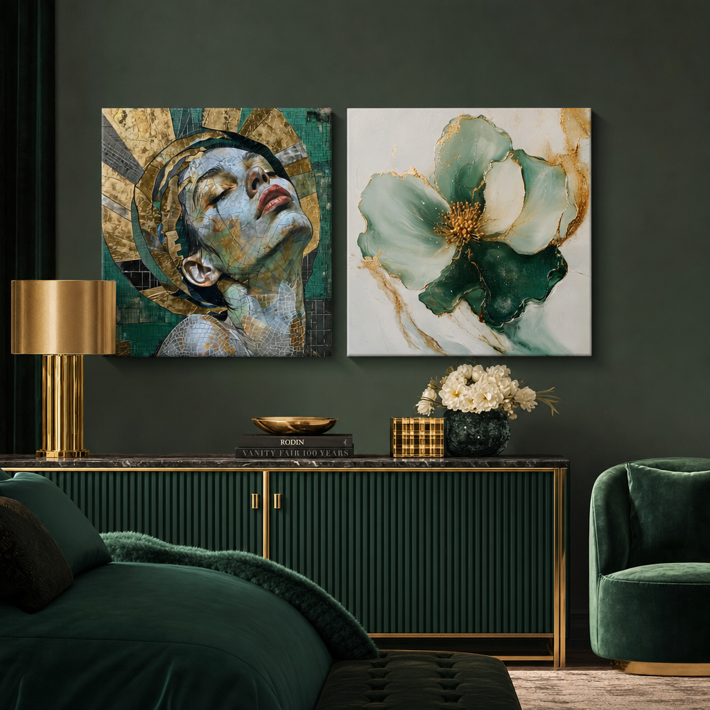 Set de 2 tablouri Eleganță Smarald – un interior elegant în paleta smarald-auriu, perfect pentru living
