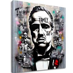 Tablou The Godfather, din setul Legende Cinematografice, o piesă de artă street-art alb-negru perfectă pentru un interior masculin.