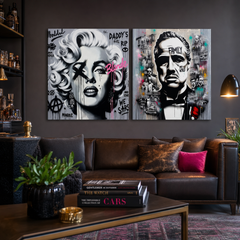 Set de 2 tablouri Legende Cinematografice Papilora, Marilyn Monroe și The Godfather, decorând un living modern.