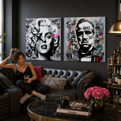 Set de 2 tablouri pop-art Legende Cinematografice, cu Marilyn Monroe și The Godfather, într-un interior elegant.