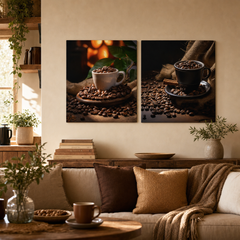 Set de 2 tablouri Plăcerea Cafelei — Deliciu Prăjit, Fantezie Cafea, mockup interior Papilora. Perfect pentru decorul casei.