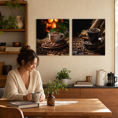 Set de 2 tablouri canvas cu cafea Plăcerea Cafelei, Deliciu Prăjit și Fantezie Cafea, aranjate deasupra blatului de bucătărie.