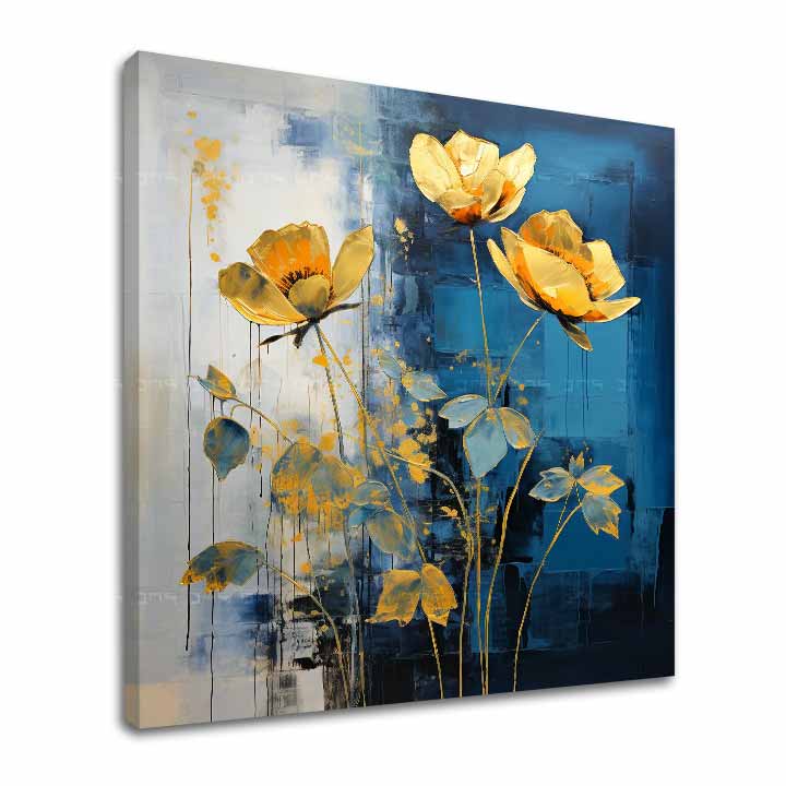 Tabloul Flori Aurii – un motiv floral vibrant cu flori aurii pe fundal închis, tablou gallery-wrap pe pânză de bumbac.