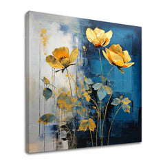 Tabloul Flori Aurii – un motiv floral vibrant cu flori aurii pe fundal închis, tablou gallery-wrap pe pânză de bumbac.