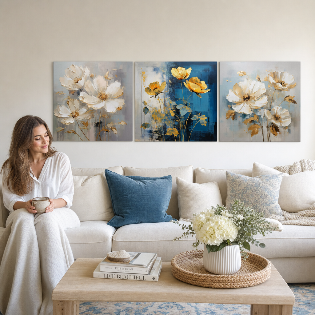 Setul de 3 tablouri Poezia Florală Aurie într-un living modern – trei tablouri florale cu flori aurii deasupra canapelei.