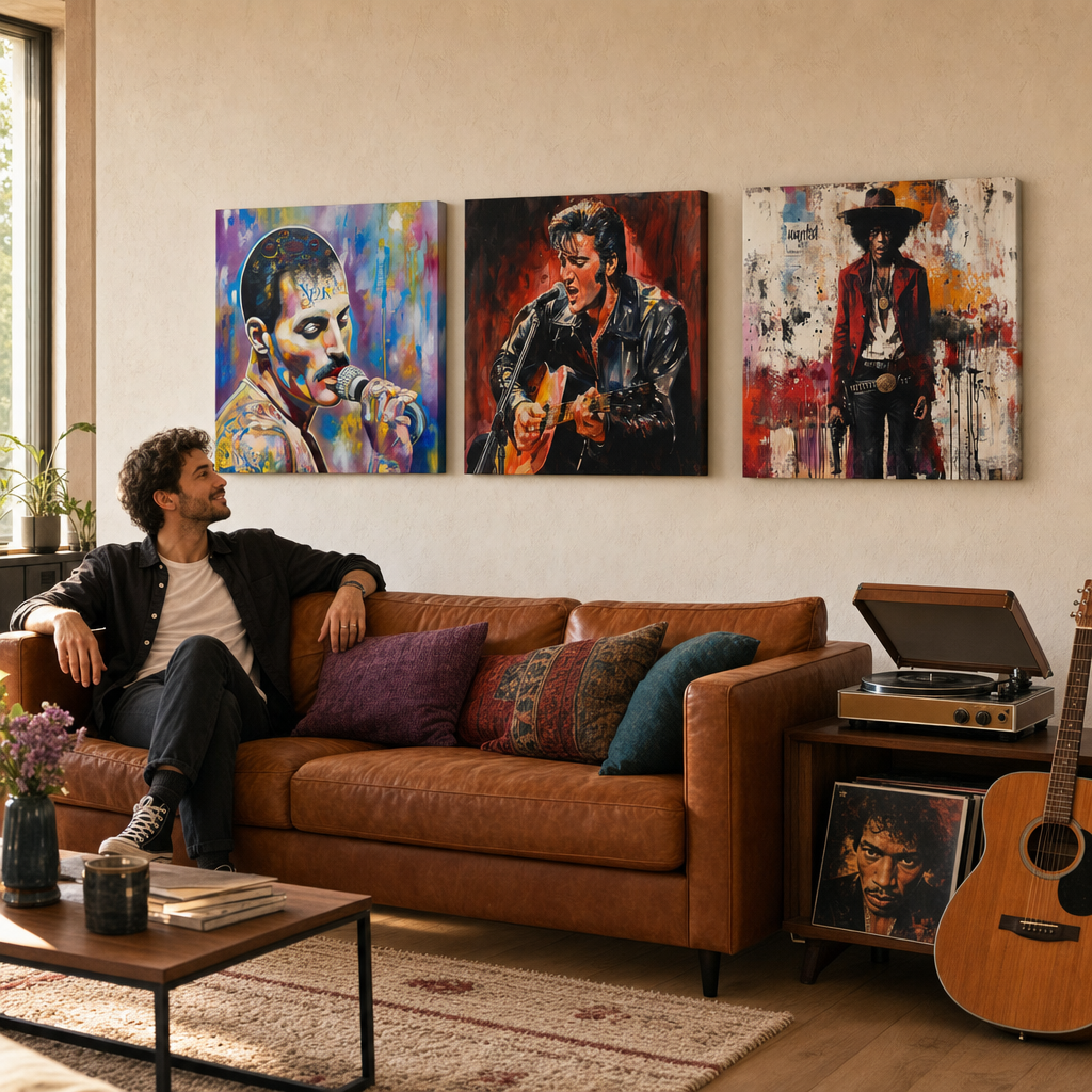 Set de 3 tablouri Rock Legends Papilora, cu Freddie Mercury, Elvis Presley, Jimi Hendrix, deasupra unei canapele în living modern.