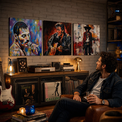 Set de 3 tablouri Rock Legends cu Freddie, Elvis, Hendrix, într-o cameră de muzică, deasupra unei comode.