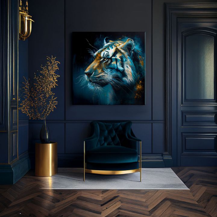 Tablou Tigru din setul Wild Kingdom, cu spirit sălbatic, agățat pe perete într-un interior modern.