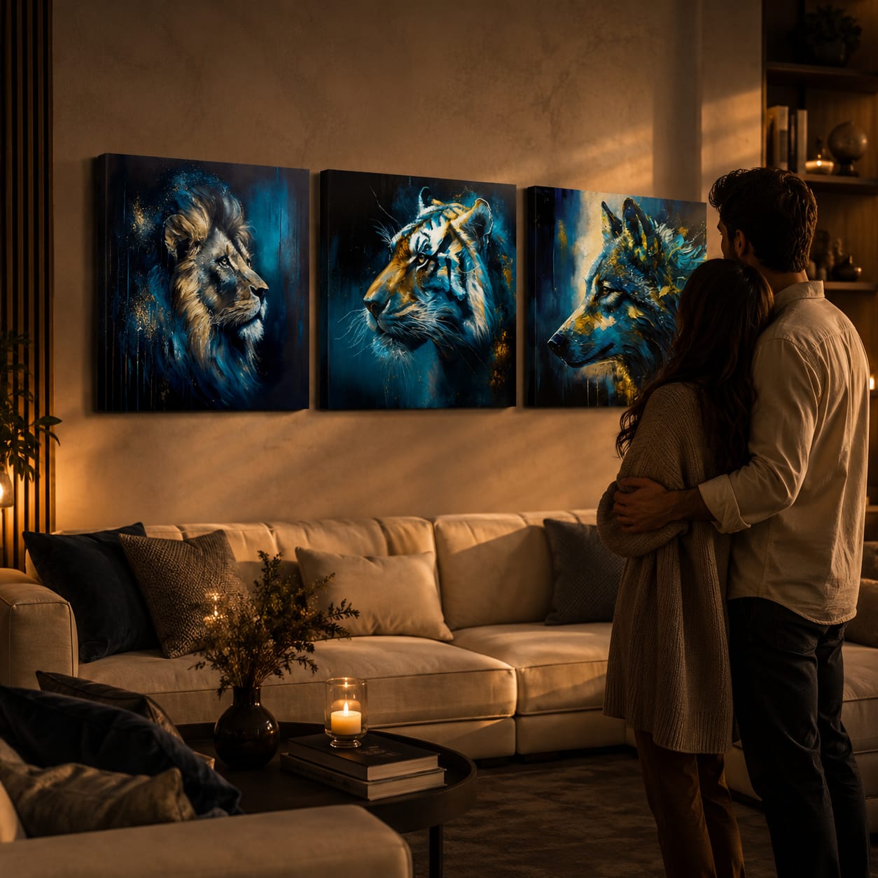 Set tablouri Wild Kingdom Leu Tigru Lup într-un interior de seară, creând o atmosferă romantică cu lumânări.