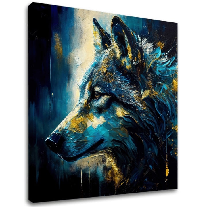 Tablou individual Lup din setul Wild Kingdom, pânză 3D gallery-wrap finisată manual cu detalii acrilice aurii.