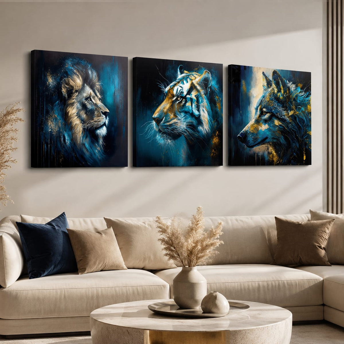 Set 3 tablouri Papilora Wild Kingdom Leu Tigru Lup, deasupra canapelei într-un living modern și elegant.