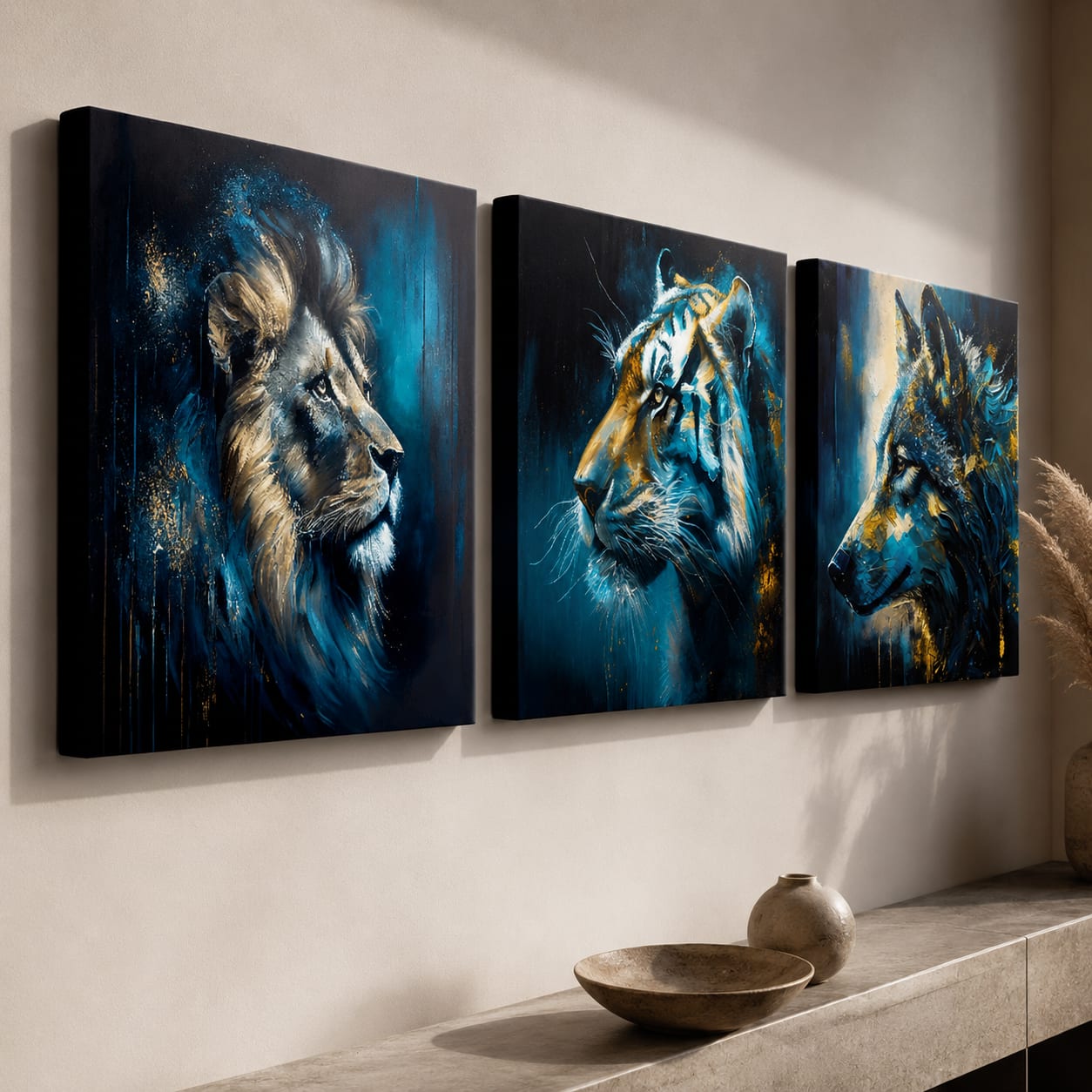 Detaliu set tablouri Wild Kingdom: margini gallery-wrap și tușe acrilice aurii, vizibile de aproape pe perete.