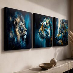 Detaliu set tablouri Wild Kingdom: margini gallery-wrap și tușe acrilice aurii, vizibile de aproape pe perete.