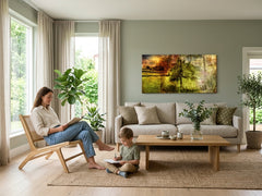 Vintage tablou pe pânză cu motivul copaci, pădure, pajiște, peisaj, natură în maro-verde nuanțe agățat în interiorul sufragerie, atmosferă liniștită – interior