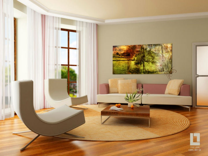Vintage tablou cu motivul copaci, pădure, pajiște în maro-verde nuanțe | Sunny, natură, decorațiune de perete – previzualizare