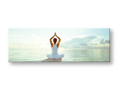 În stil boho tablou pe pânză cu motivul JOGA, ocean, apus de soare, motiv inspirațional, hartă în alb-albastru nuanțe, atmosferă liniștită, potrivit pentru sufragerie – produs