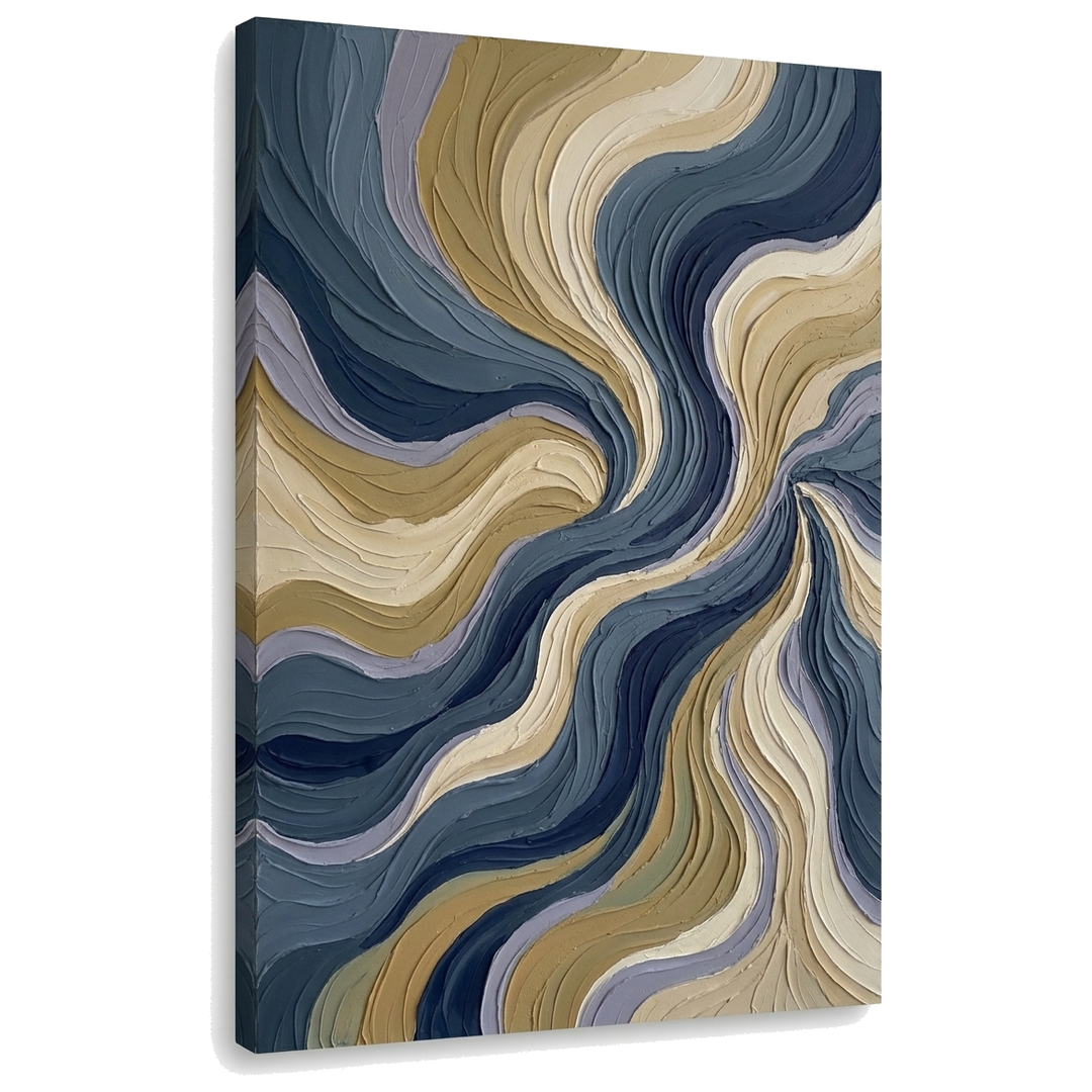 Tablou abstract cu valuri și flux pe pânză — vizualizare 3D a canvasului cu șasiu din lemn vizibil, Papilora Premium Art.