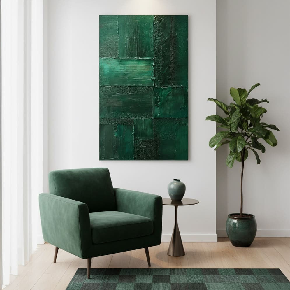 Tablou abstract verde smarald în sufragerie, deasupra fotoliului verde