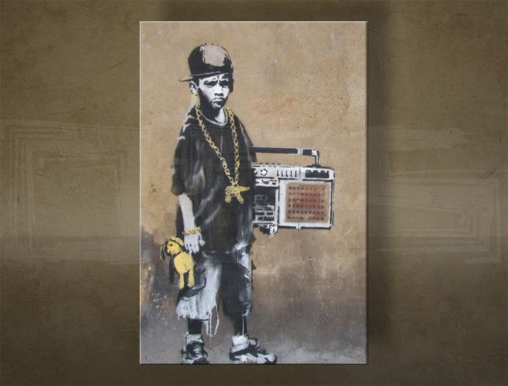 În stil boho tablou pe pânză cu motivul Street ART – Banksy, mare și plajă în violet-albastru nuanțe, viață urbană și copilărie, execuție multi-panou – principală