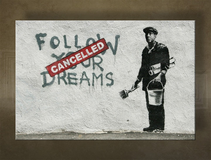În stil boho tablou pe pânză cu motivul Street ART – Banksy, graffiti, peisaj, mare și plajă în violet-albastru nuanțe, execuție multi-panou – principală