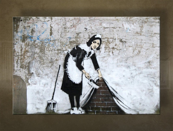 În stil boho tablou pe pânză cu motivul Street ART – Banksy, mare și plajă în violet-albastru nuanțe, execuție multi-panou, potrivit pentru sufragerie – principală [XOBBA027O1]