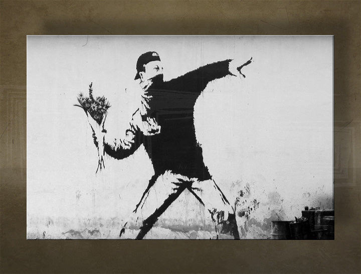 Clasic tablou pe pânză cu motivul Street ART – Banksy, mare și plajă în violet-albastru nuanțe, execuție multi-panou, potrivit pentru sufragerie | Tablou pe pânză Street ART – Banksy – principală [XOBBA028O1]