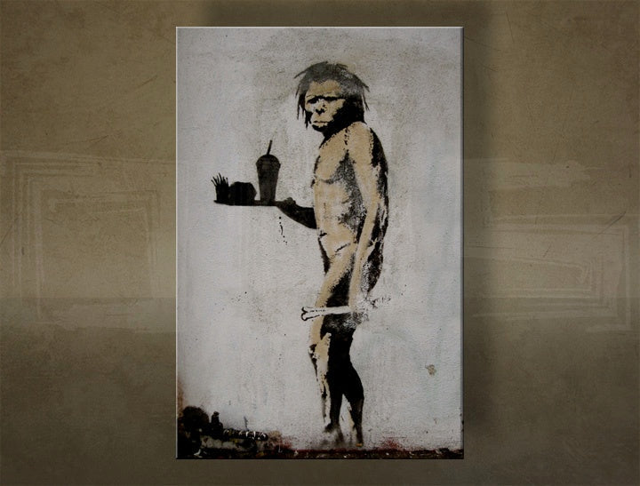 Clasic tablou pe pânză cu motivul Street ART – Banksy, peisaj, mare și plajă în violet-albastru nuanțe, execuție multi-panou, potrivit pentru sufragerie – principală
