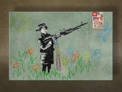 În stil boho tablou pe pânză cu motivul Street ART – Banksy, copil, graffiti, flori, soare în violet-albastru nuanțe, copilărie, execuție multi-panou – principală