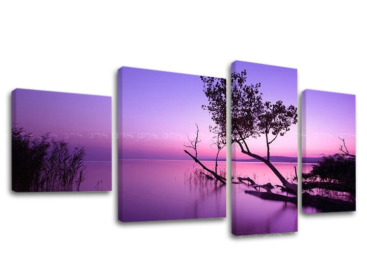 Clasic tablou pe pânză cu motivul APUS DE SOARE, copaci, cer, mare și plajă în violet-albastru nuanțe, atmosferă liniștită, natură și singurătate – principală