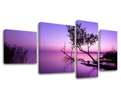 Clasic tablou pe pânză cu motivul APUS DE SOARE, copaci, cer, mare și plajă în violet-albastru nuanțe, atmosferă liniștită, natură și singurătate – principală