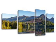 Clasic tablou pe pânză cu motivul SLOVACIA, munți, pădure, lac, copaci în alb-albastru nuanțe, atmosferă liniștită, natură și sălbăticie, execuție multi-panou – principală