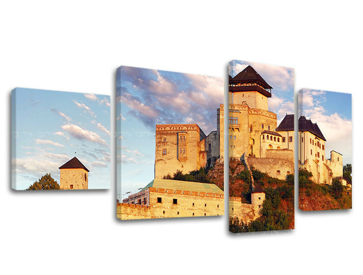 Clasic tablou pe pânză cu motivul SLOVACIA, castel, turn, cer, nori în portocaliu-verde nuanțe, atmosferă liniștită, execuție multi-panou – principală