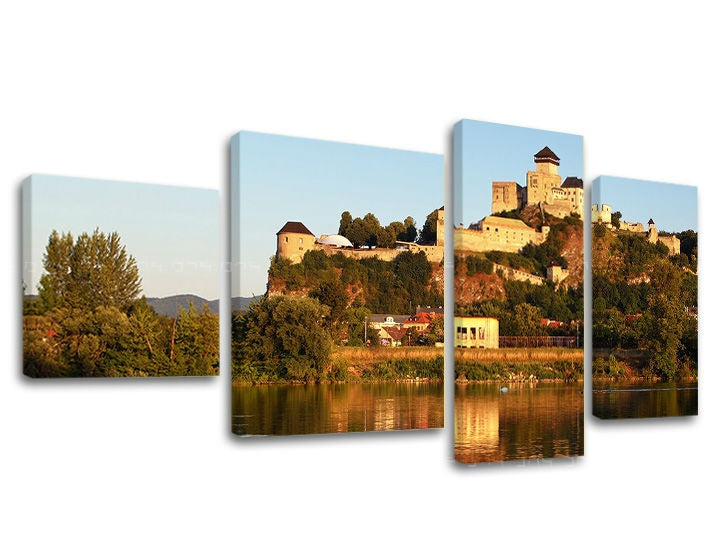 Clasic tablou pe pânză cu motivul SLOVACIA, castel, râu, copaci, peisaj în maro-verde nuanțe, atmosferă liniștită, natură, execuție multi-panou – principală