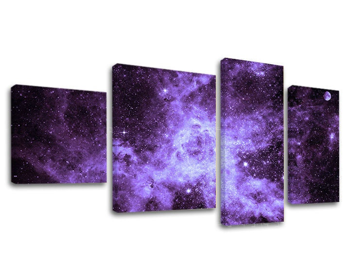 Pop art tablou pe pânză cu motivul galaxie, stele, univers în alb-violet nuanțe, execuție multi-panou | Tablou de perete UNIVERS – principală