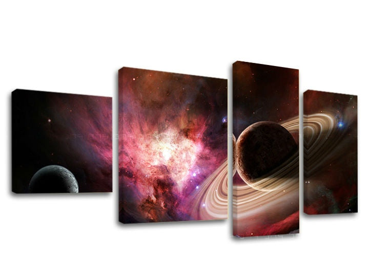 Clasic tablou pe pânză cu motivul stele, univers în violet-portocaliu nuanțe, atmosferă misterioasă, execuție multi-panou, potrivit pentru birou de lucru – principală