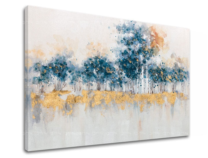 Art deco tablou cu motivul copaci, pădure, peisaj în albastru-auriu nuanțe | Tablou pe pânză ABSTRACT, natură și minimalism – previzualizare