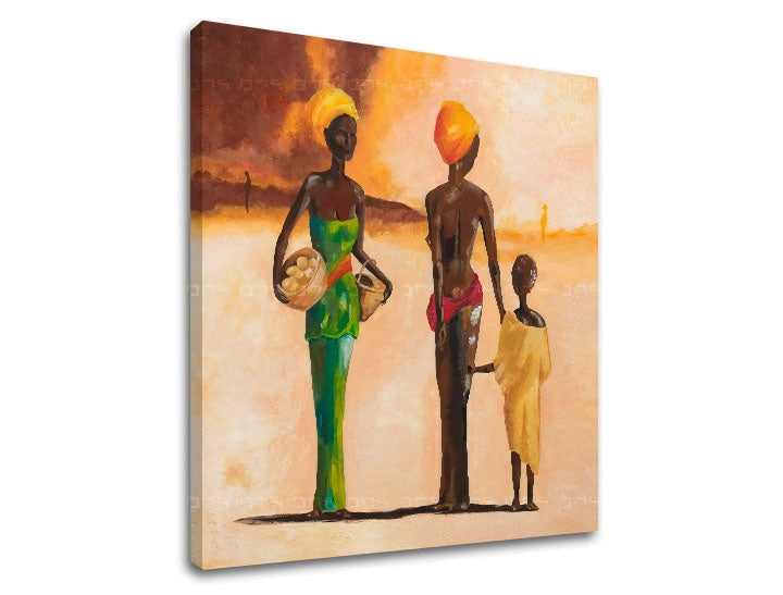 În stil boho tablou cu motivul AFRICKÉ FEMEI, copil, model etnic în bej-maro nuanțe | Tablou pe pânză AFRICKÉ FEMEI, familie – previzualizare