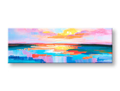 Pop art tablou pe pânză cu motivul APUS DE SOARE, ocean, cer, peisaj, mare și plajă în alb-albastru nuanțe, atmosferă liniștită, potrivit pentru birou – principală