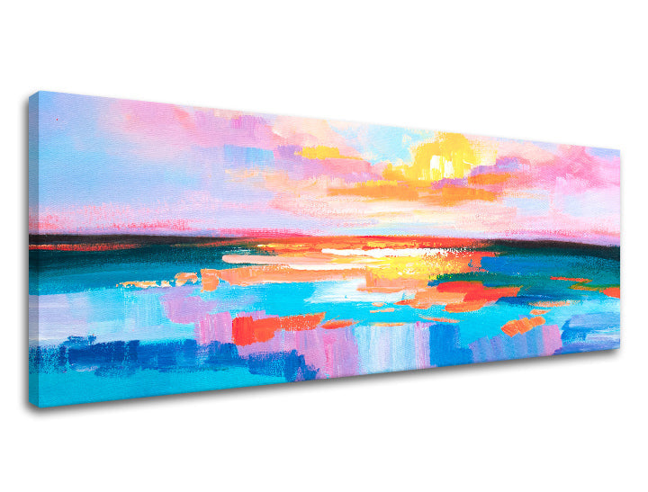 Pop art tablou pe pânză cu motivul APUS DE SOARE, ocean, cer, peisaj, mare și plajă în alb-albastru nuanțe, atmosferă liniștită, potrivit pentru birou – produs